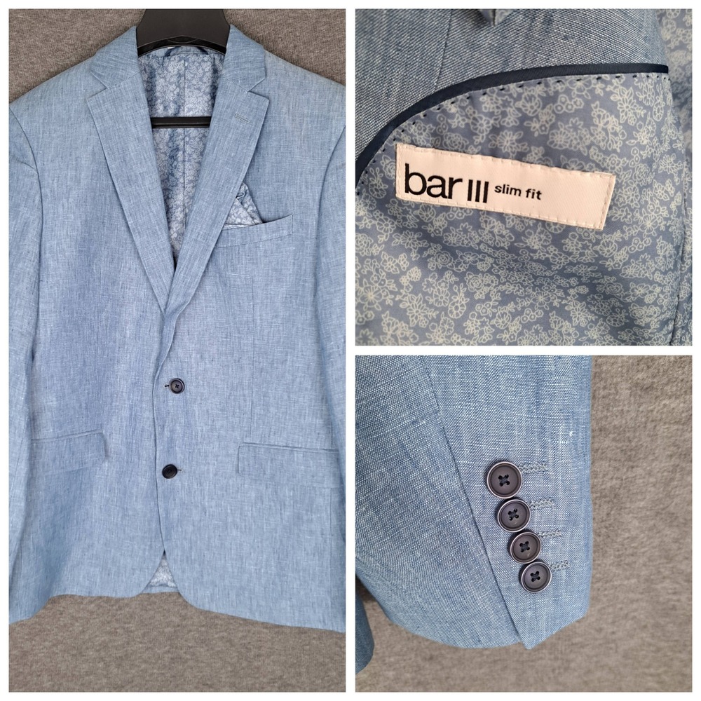 Bar III Blazer Mens 38S Light Blue 100% Linen Slim Fit Floral Lining Sport Coat